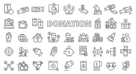 Donation icon set line design. Money, Charity, Charitable, Fundraising, Philanthropy, Volunteer, Giving, Support vector illustrations. Donation editable stroke icons