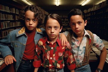 three boys standing together with serious look in library, rebel kids gangster look, vintage naughty childhood old memories, Generative Ai