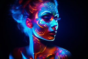 Fashion model woman in neon light, portrait of beautiful model girl with fluorescent make-up, body art in uv, painted