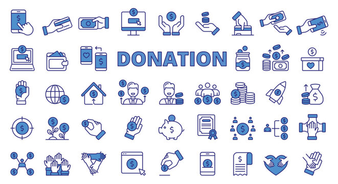 Donation icon set line design blue. Money, Charity, Charitable, Fundraising, Philanthropy, Volunteer, Giving, Support vector illustrations. Donation editable stroke icons