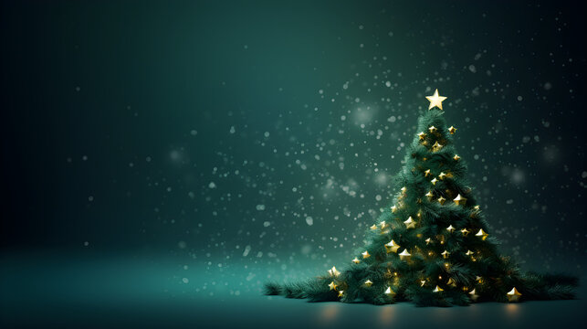 christmas background green themed with golden bokeh and xmas tree