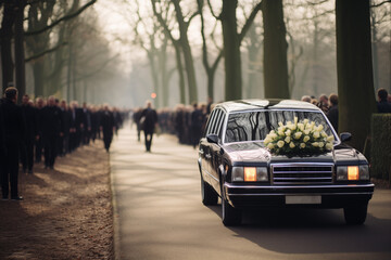 funeral procession, hearse on the street