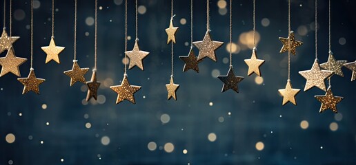 Dark background with golden stars and bokeh lights. Christmas and new year background.