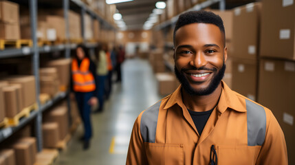 Fototapeta premium Delivery man in warehouse Delivery man holding parcel box