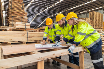 Woodworkers review blueprint, choose eco-friendly material, follow scheme for high quality assembly