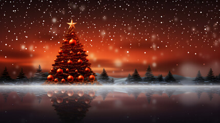 christmas tree in the snow red background