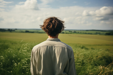 peasant boy on the background of a wheat field - obrazy, fototapety, plakaty