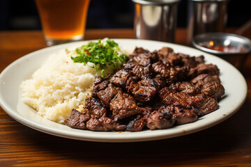 A white plate topped with rice and meat. Generative Ai