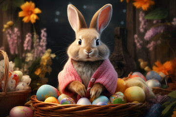 Funny furry bunny dressed in a cozy pink sweater sits in a basket of colorful Easter eggs. Happy holidays concept