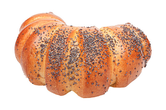 Homemade Food, Bagel Horn With Poppy Seed Sprinkles, Baked Goods On White Background