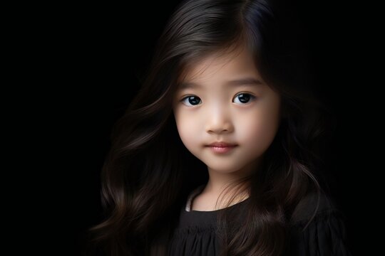 Young Asian baby girl beauty woman long hair isolated black background
