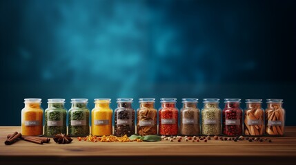 A Variety of Spice Jars Filled with Different Types of Flavorful Seasonings - obrazy, fototapety, plakaty