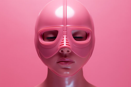 portrait of a girl in a pink gas mask - Powered by Adobe