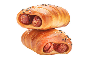 burger multiple sausage, bakery products on white isolated background, homemade food baked goods