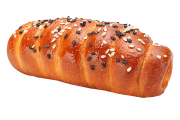bun sprinkled with sesame seeds, filled with sausage, baked goods on a white isolated background, homemade food baked goods