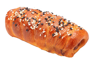 bun sprinkled with sesame seeds, filled with sausage, baked goods on a white isolated background,...