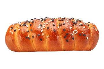 bun sprinkled with sesame seeds, filled with sausage, baked goods on a white isolated background,...