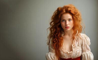 Sexy beautiful redheaded girl with long and curly hair. Perfect female portrait on light colored background.