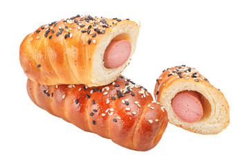 homemade food pastries, puff pastry, sausage burger, bakery products on white isolated background