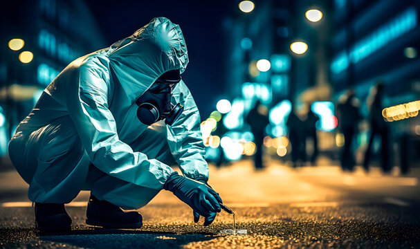 Personnel in protective suits for nuclear, chemical and biological warfare, collecting samples in the field