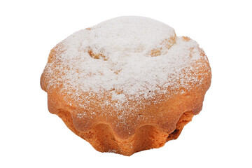 homemade food, cupcake sprinkled with powdered sugar, baked goods on a white background