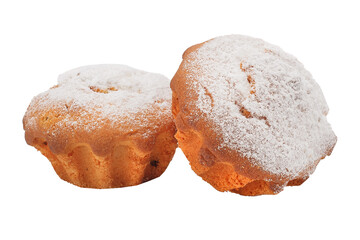 homemade food, cupcake sprinkled with powdered sugar, baked goods on a white background