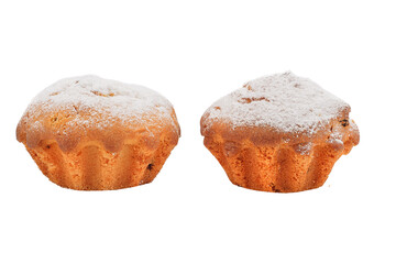 homemade food, cupcake sprinkled with powdered sugar, baked goods on a white background