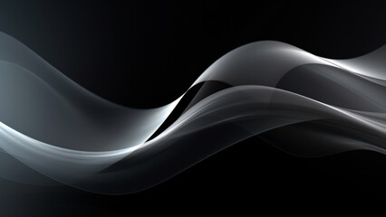 Abstract black white waves design with smooth curves and soft shadows on clean modern background. Fluid gradient motion of dynamic lines on minimal backdrop