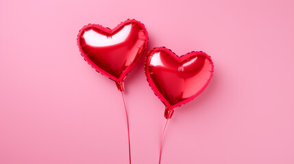 Heart shaped foil balloons on pink background. Valentine's day concept. 