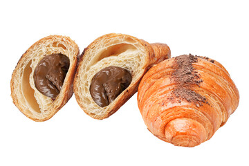 Croissants with chocolate cream, isolated on white background