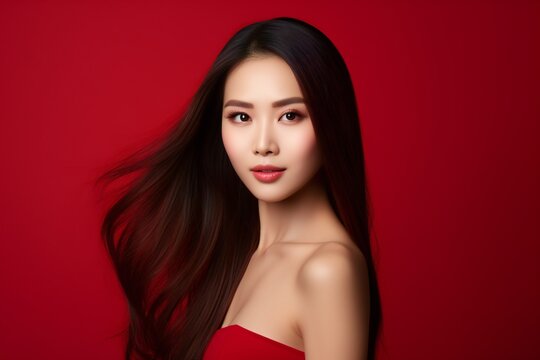 Young Asian beauty woman long hair isolated red background