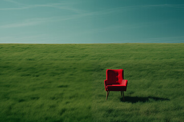 An empty red armchair in the meadow