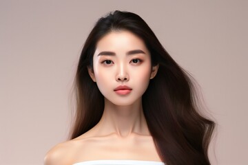 Naklejka premium Young Asian beauty woman long hair in white lingerie with korean makeup style on face and perfect skin on isolated beige background. Facial treatment, Cosmetology, plastic surgery