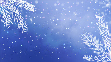 Fototapeta na wymiar Winter background with watercolor snow texture, pine branches and snowflakes. Winter holidays background. Cartoon wallpaper. Snowy background. Clear blue sky. Cold weather.