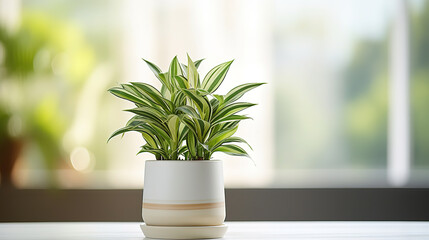 front view, potted house plant are on a table, daytime, bright, indoor, white Bokeh background
