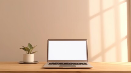 Fototapeta premium Laptop with blank screen on table workspace laptop showing blank screen background