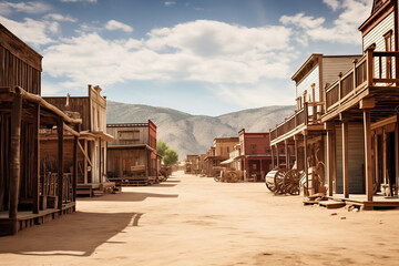 empty street in an old wild west town with wooden buildings