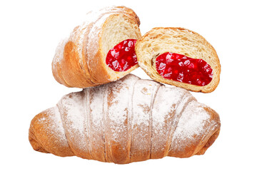 Croissants with strawberry jam, isolated on white background