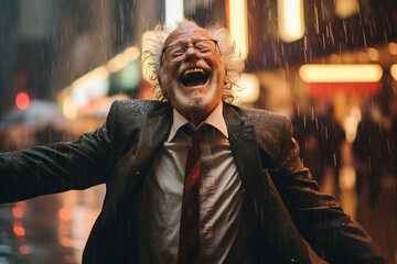 Senior man is happy on the street during a rainy day