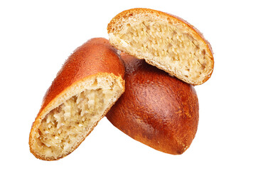 homemade food baked goods, bun pie, stuffed cabbage fried with rice, bakery products on a white isolated background