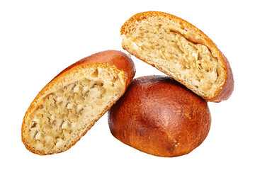homemade food baked goods, bun pie, stuffed cabbage fried with rice, bakery products on a white isolated background