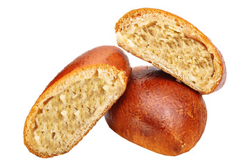 homemade food baked goods, bun pie, stuffed cabbage fried with rice, bakery products on a white isolated background