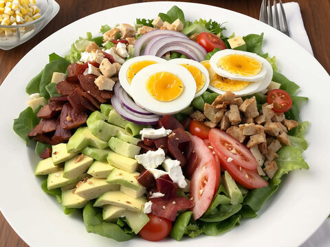 Cobb salad with bacon, avocado, tomato, grilled chicken, eggs isolated on white background. Classic American food