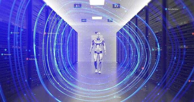 Advanced Humanoid Robot Slowly Walking Modern Server Room. Technology Related 3D Animation.