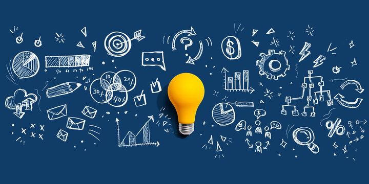 Marketing strategy concept with a light bulb - Flat lay