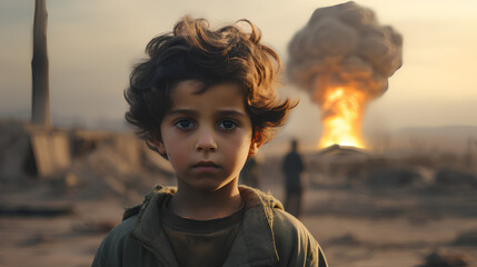 Niño asombrado ante una explosión impresionante. La escena evoca la tristeza y el dramatismo de la guerra, capturando la intensidad y el impacto de la explosión de una bomba nuclear. 