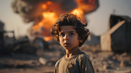 Niño asombrado ante una explosión impresionante. La escena evoca la tristeza y el dramatismo de la guerra, capturando la intensidad y el impacto de la explosión de una bomba nuclear. 
