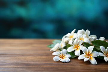 Fototapeta na wymiar A wooden table with a white frangipani flower banner