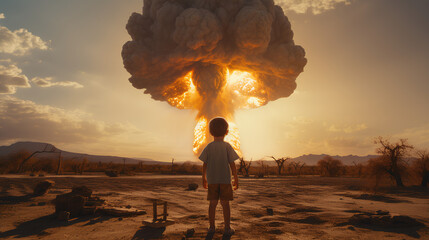 Niño asombrado ante una explosión impresionante. La escena evoca la tristeza y el dramatismo de la guerra, capturando la intensidad y el impacto de la explosión de una bomba nuclear.  - obrazy, fototapety, plakaty