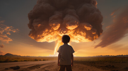 Niño asombrado ante una explosión impresionante. La escena evoca la tristeza y el dramatismo de la guerra, capturando la intensidad y el impacto de la explosión de una bomba nuclear.  - obrazy, fototapety, plakaty